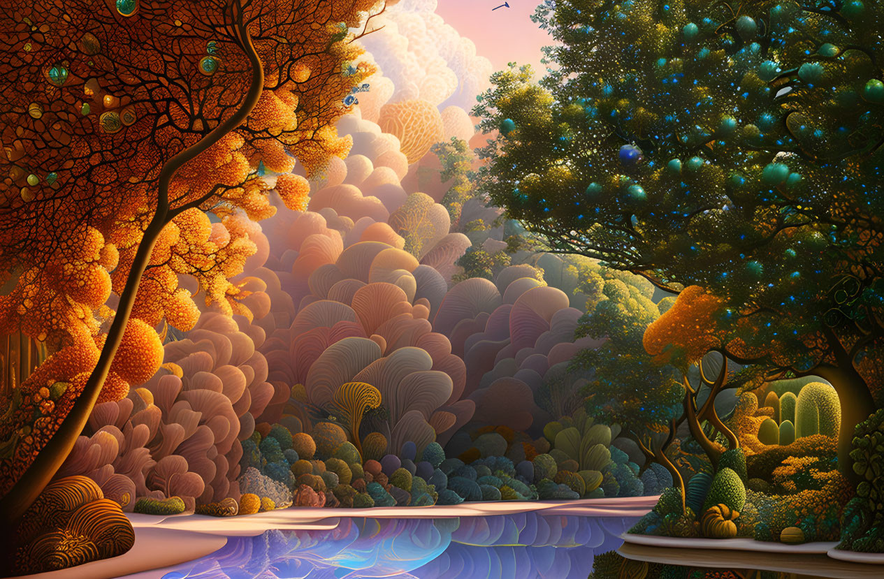 Colorful whimsical landscape with luminous river & intricate foliage