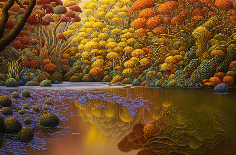 Surreal autumn landscape with textured tree forms and reflective water