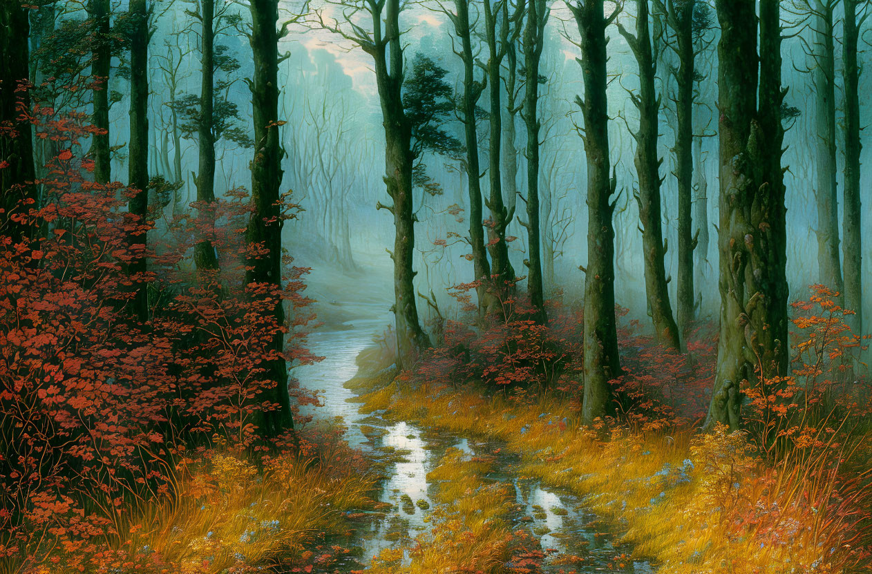 Autumnal forest path with mist and puddles