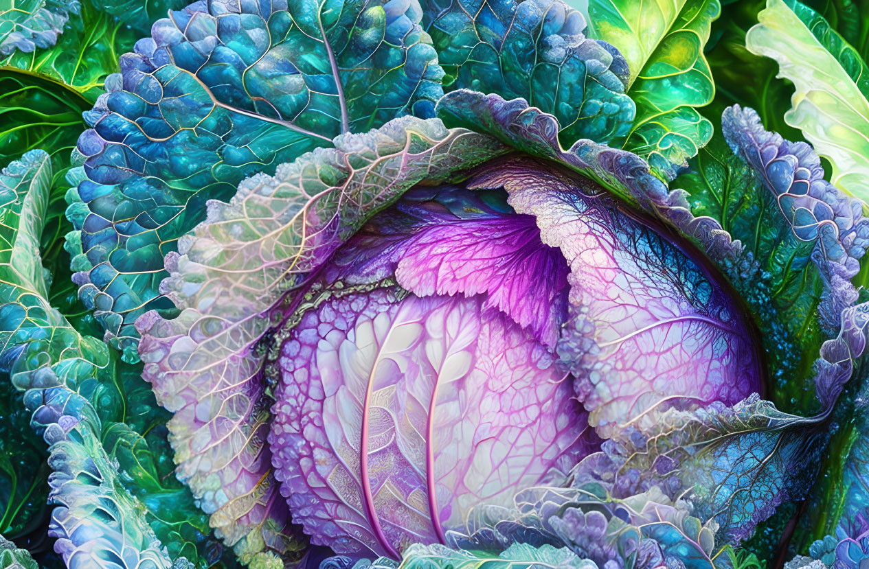 Vibrant purple cabbage with intricate white veins and green leaves showcasing natural patterns and textures