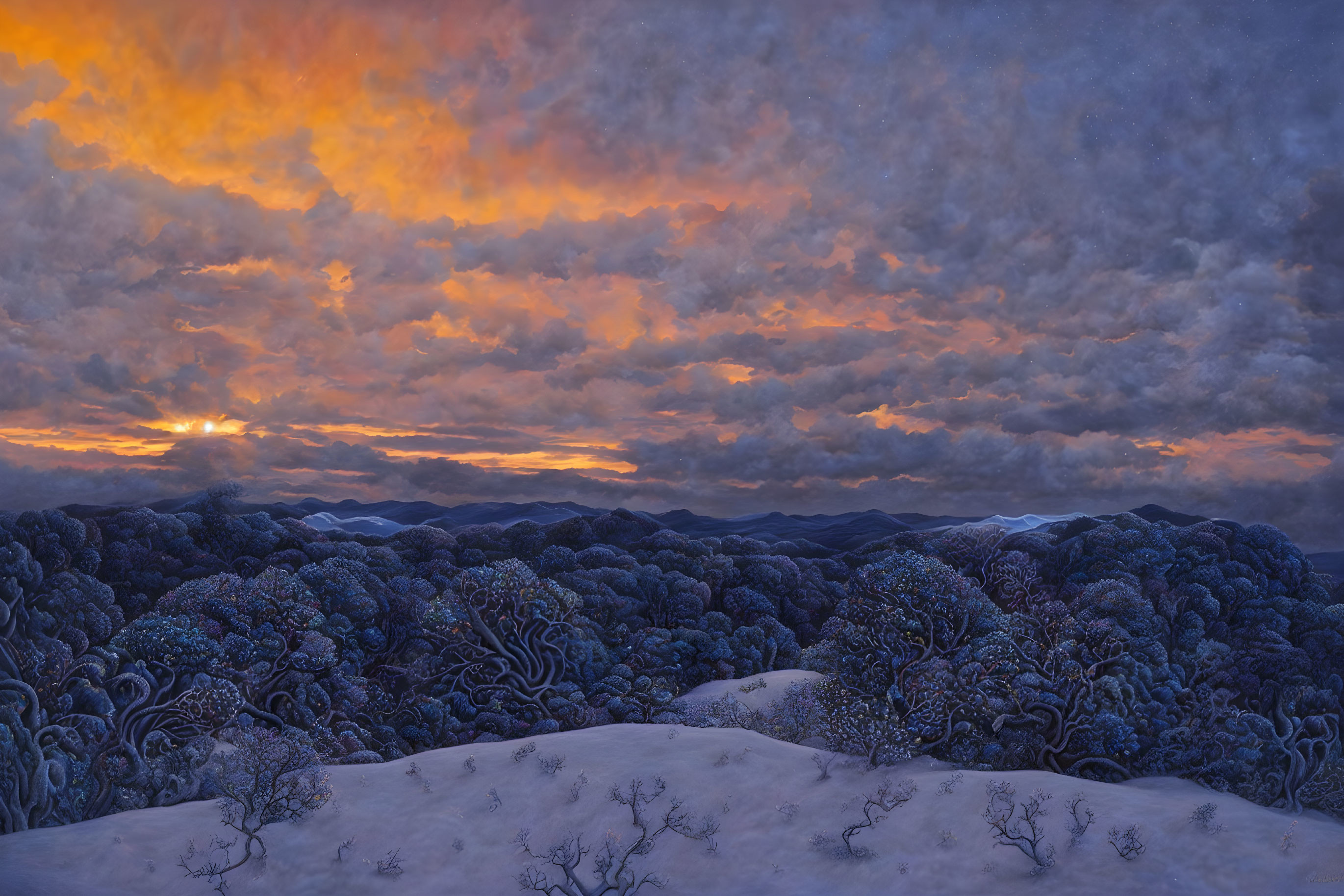 Vivid sunset over snowy landscape with swirling trees and dramatic sky