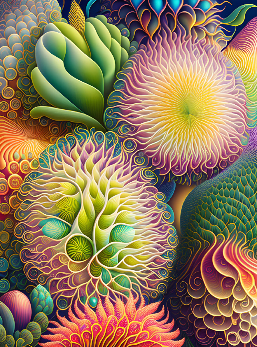 Colorful psychedelic patterns of flora and fauna in abstract composition