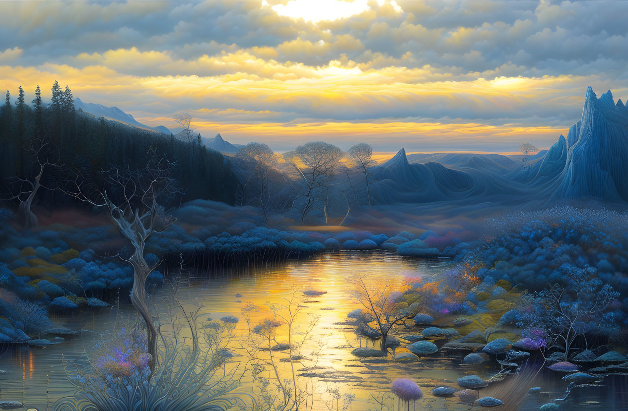 Tranquil sunrise landscape with river, mountains, and colorful foliage