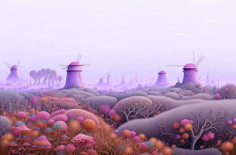 Whimsical landscape with windmills and purple flora under pastel sky