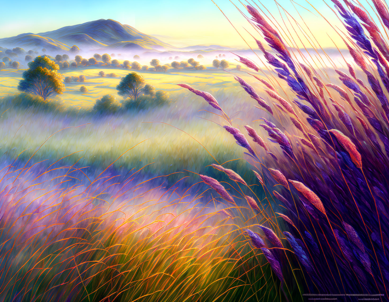 Colorful Meadow with Purple Grasses and Sunrise Hills