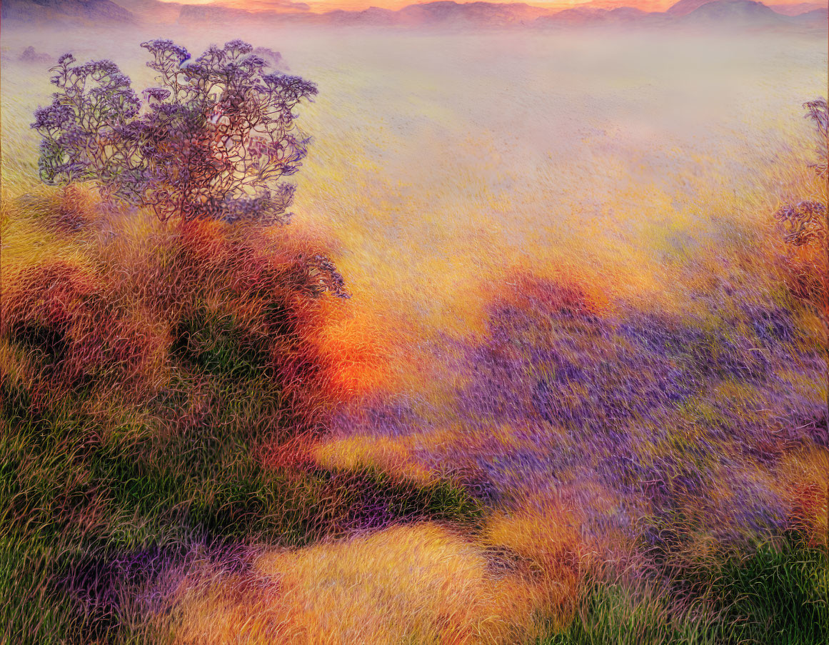 Misty field landscape with warm hues and single tree