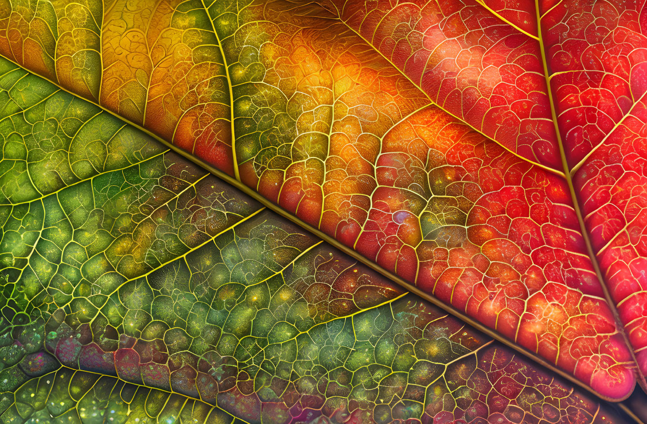 Close-Up of Green to Red Leaves with Veiny Texture and Droplets