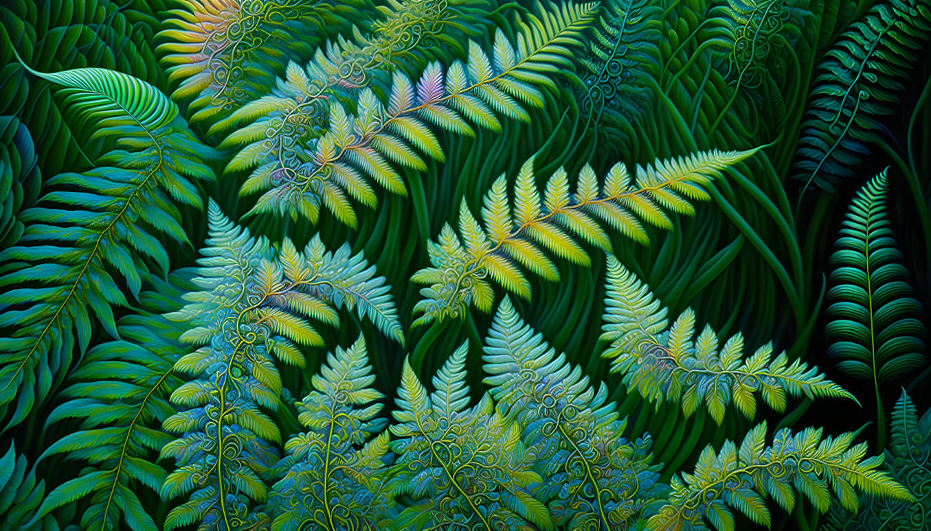 Detailed Digital Art: Lush Fern Forest in Vibrant Greens