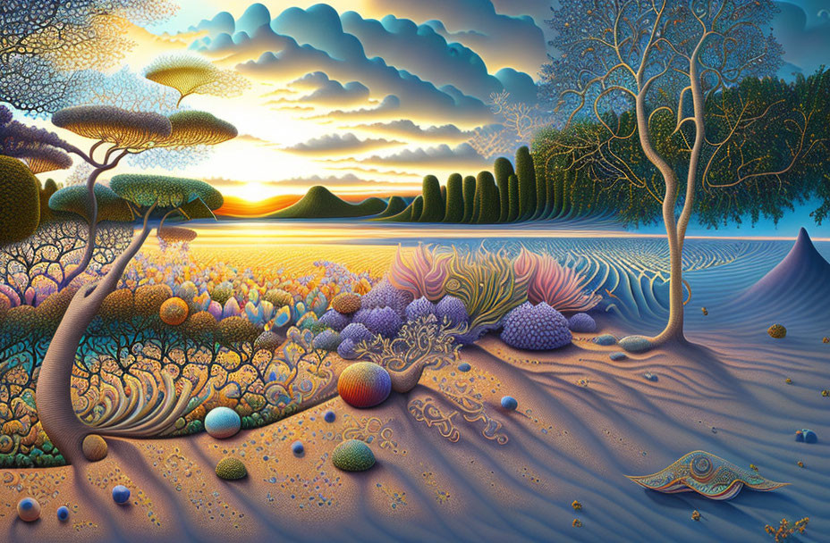 Colorful Landscape: Sea and Land Merge with Stylized Trees and Coral Structures