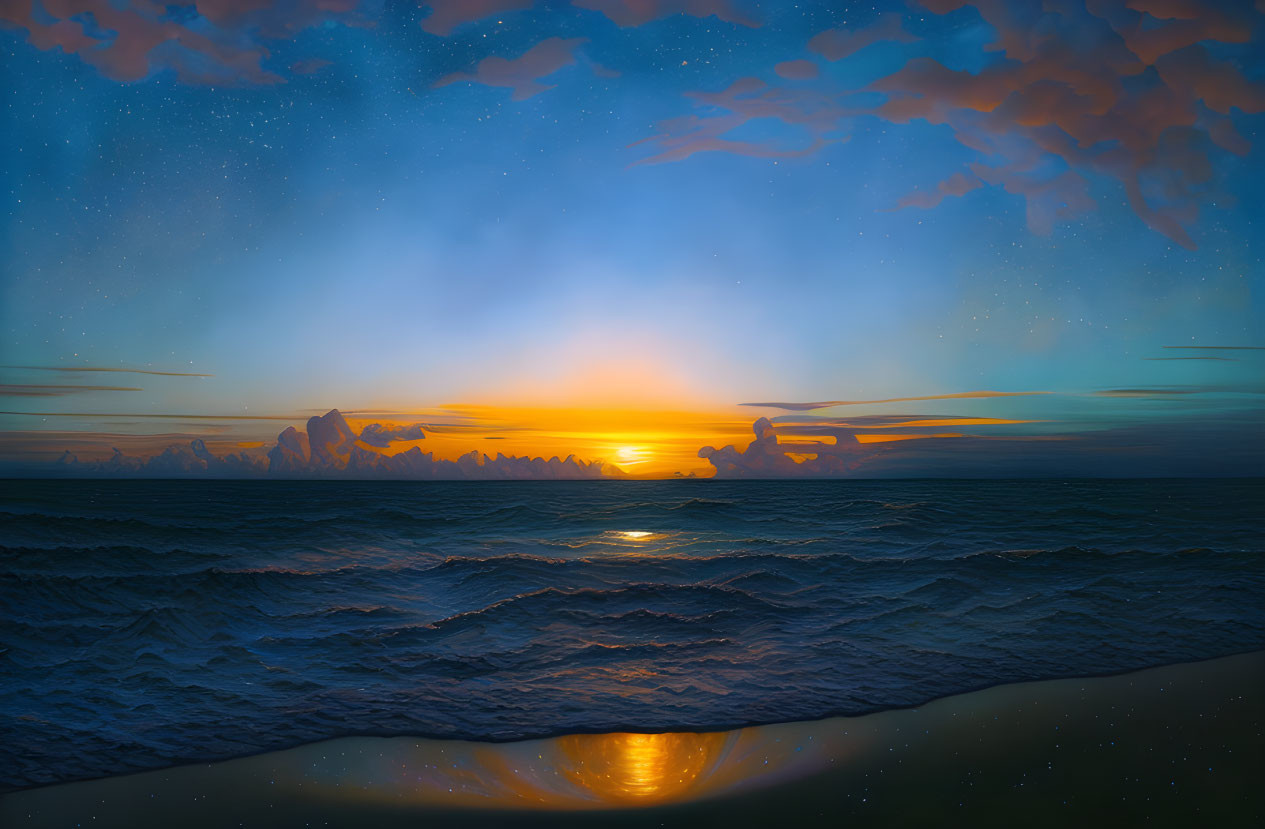 Tranquil ocean sunset with starry twilight sky