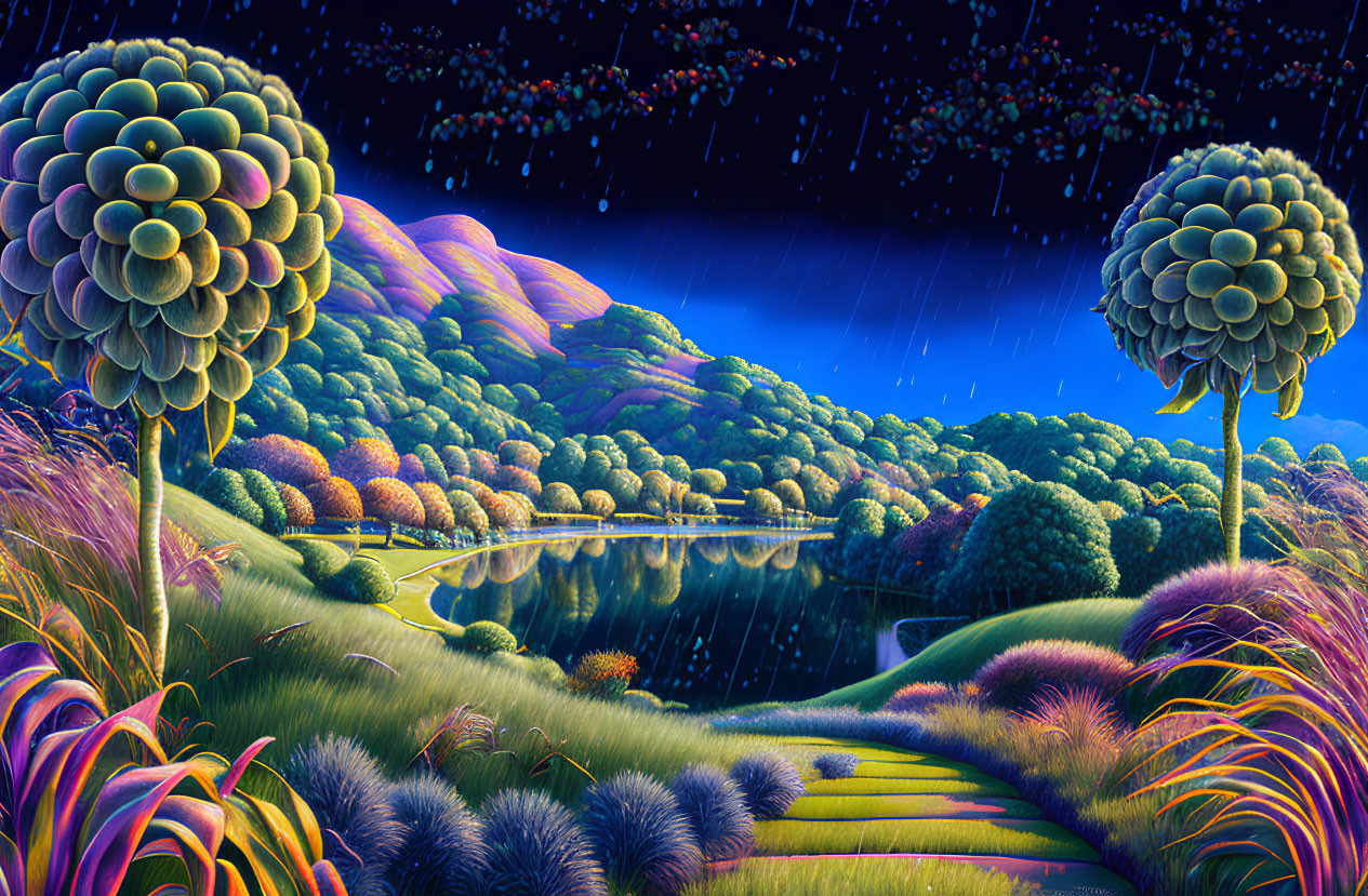 Colorful Stylized Landscape with Round Trees and Reflective Lake