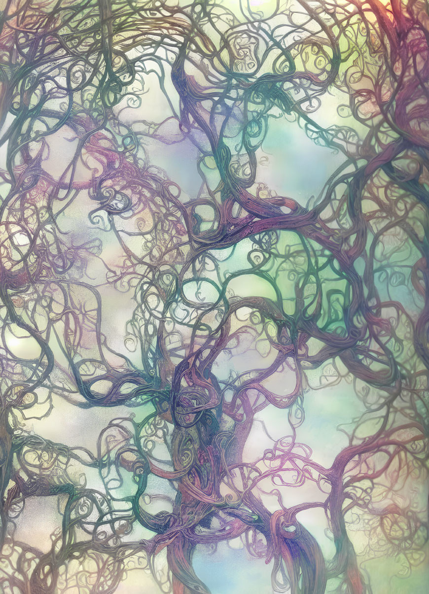 Ethereal intertwining branches on pastel background