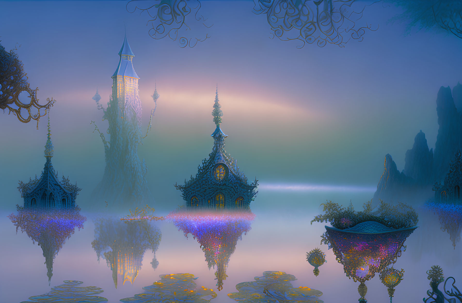 Mystical landscape with ethereal buildings and floating structures reflected in tranquil water