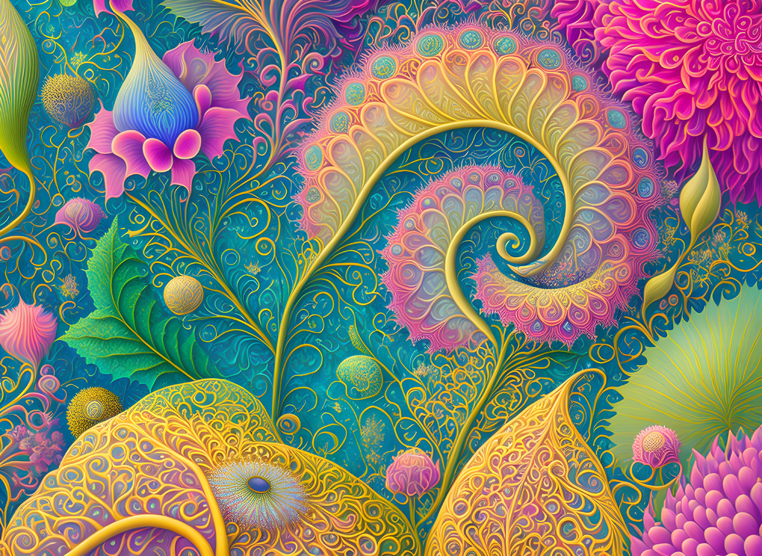 Colorful Psychedelic Floral and Paisley Artwork in Blues, Purples, Pinks