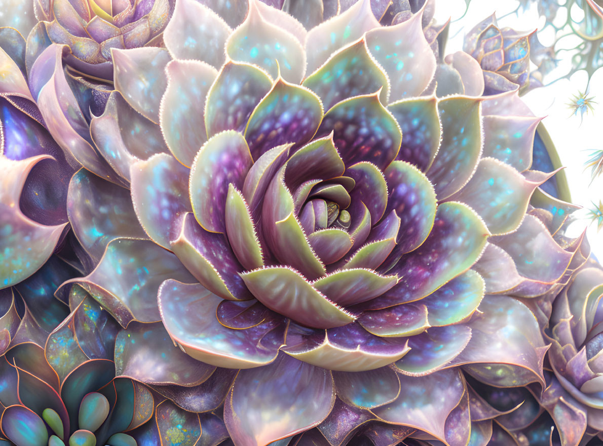 Colorful digital artwork of cosmic-patterned succulent in purple, blue, and pink hues.