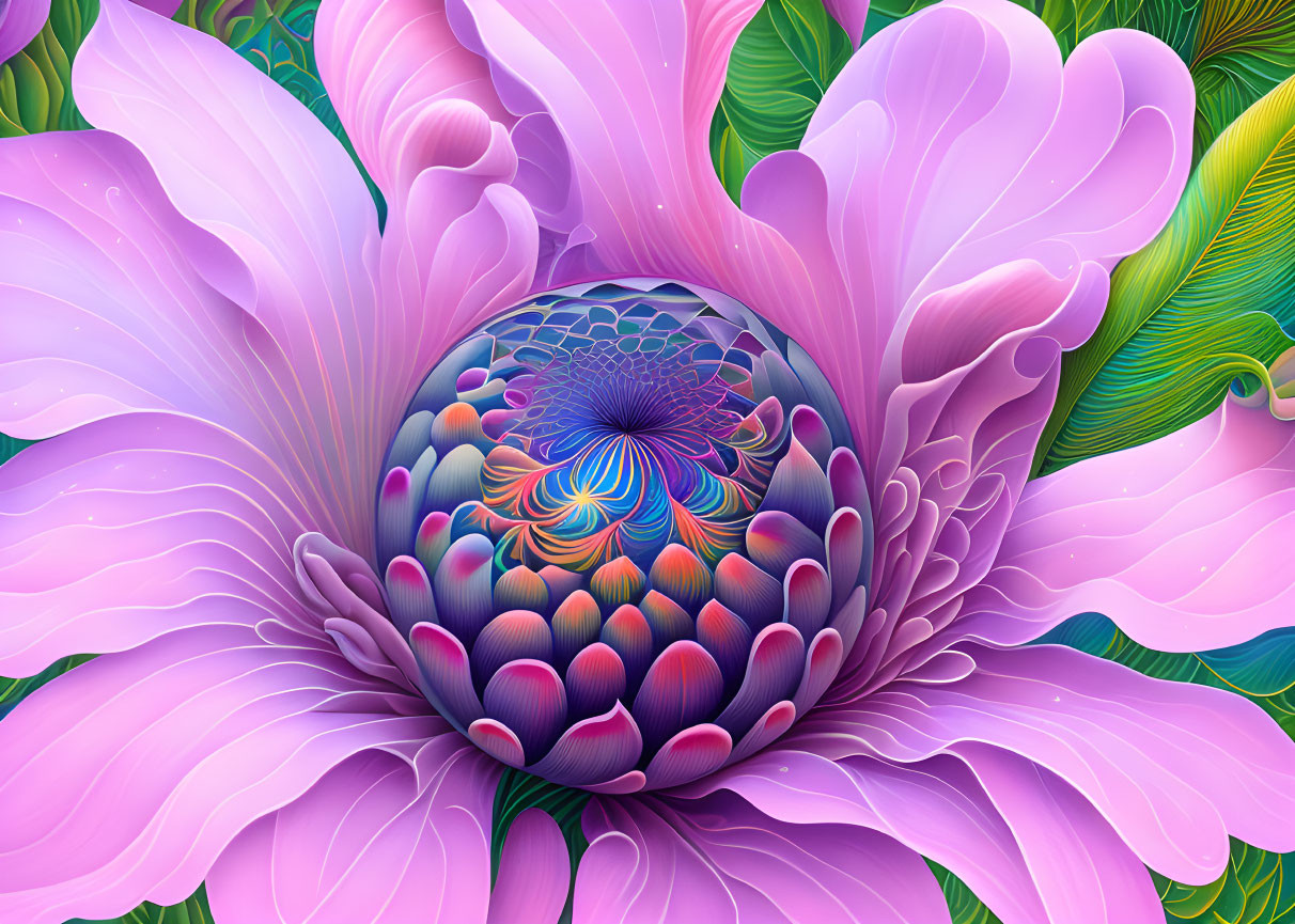 Colorful digital artwork: floral motif with intricate patterns, spherical center, pink petals & greenery.