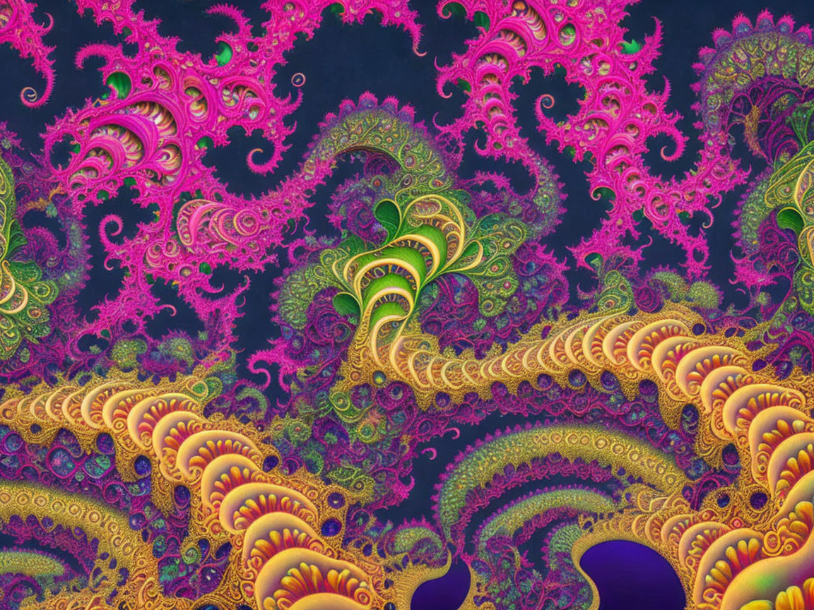 Colorful Fractal Art: Pink, Green, and Yellow Patterns on Dark Background