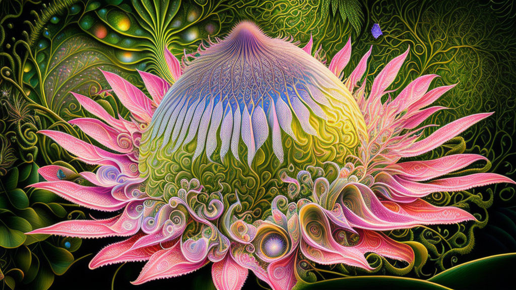 Colorful digital artwork: Luminous spherical core with pink and green petal-like structures