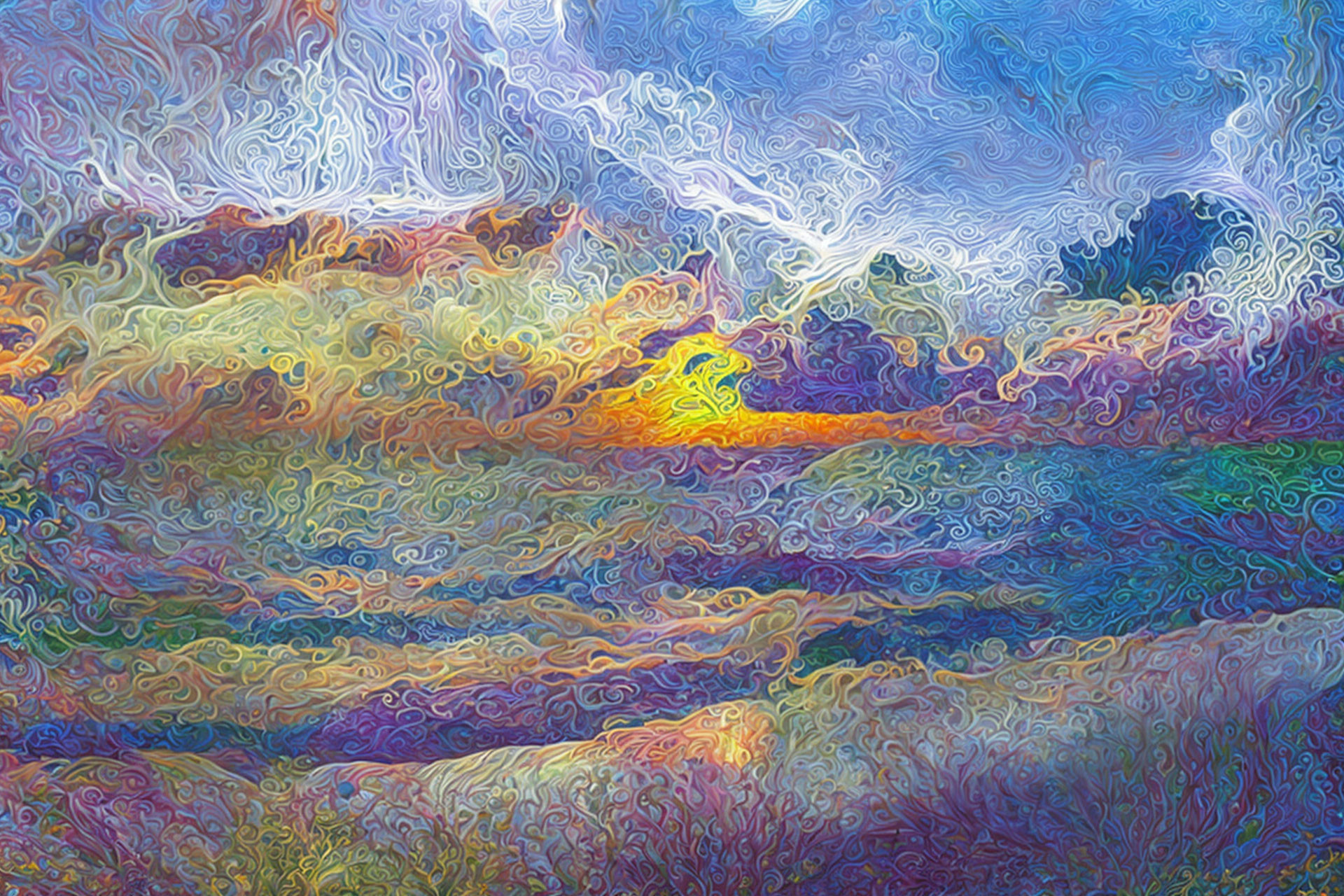 Colorful Abstract Landscape Painting with Swirling Patterns in Van Gogh Style