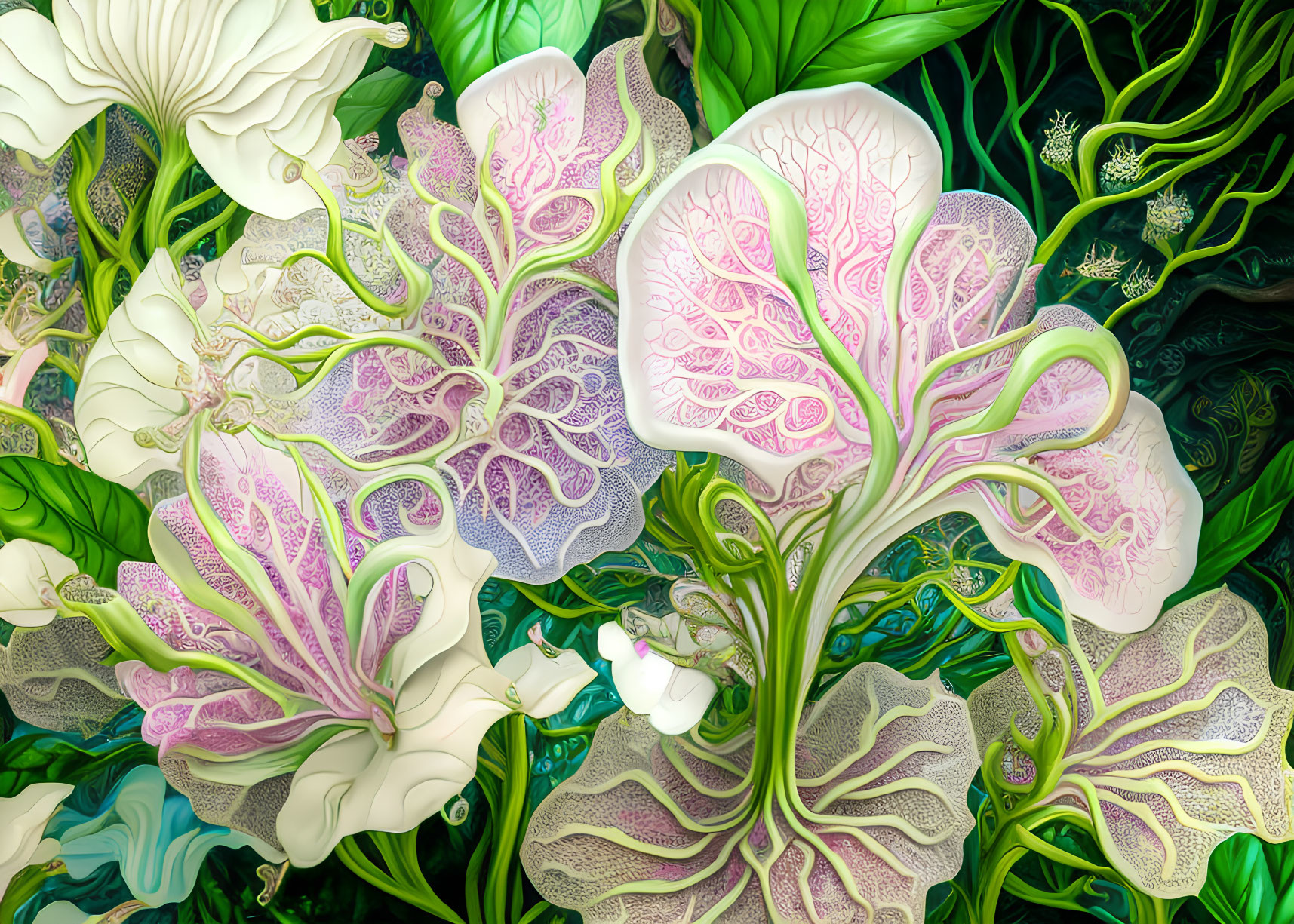 Colorful digital artwork: intricate, stylized flowers in green, white, and purple.