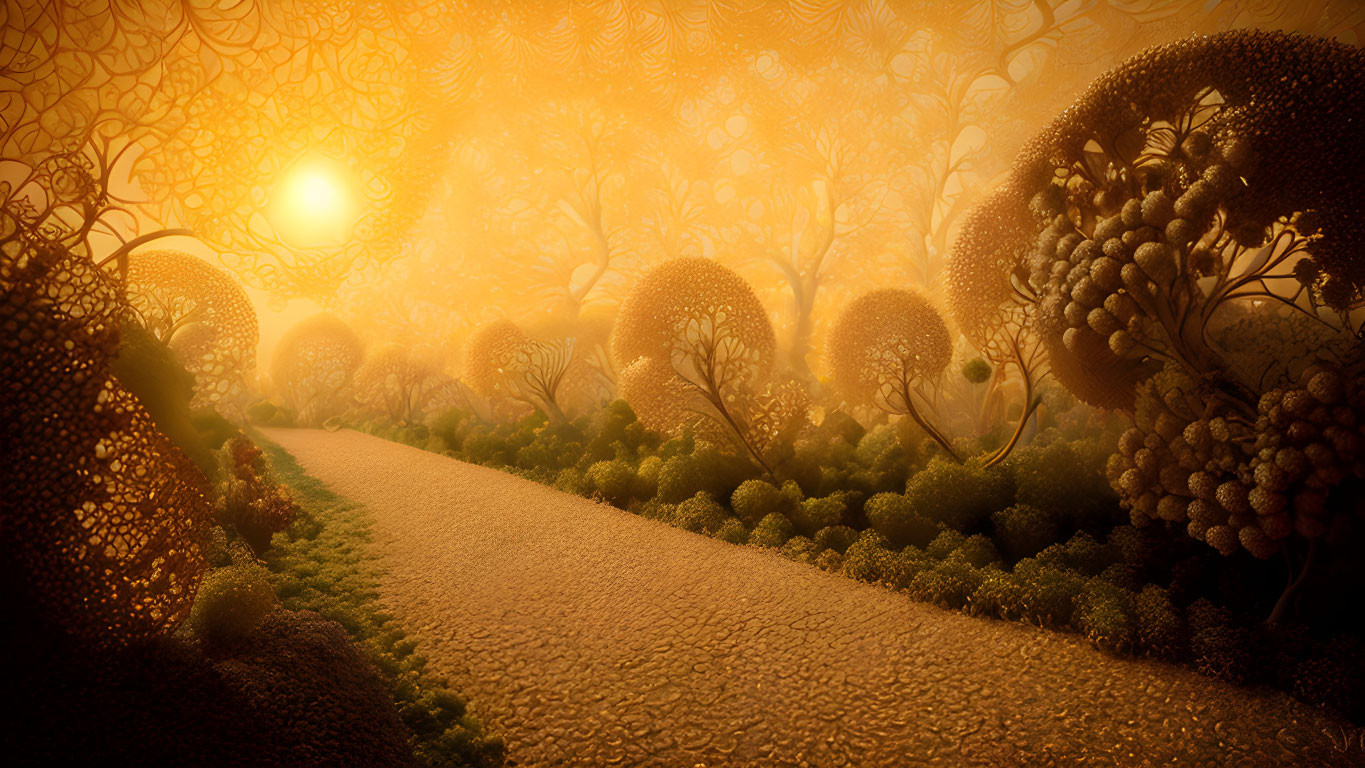 Mystical forest path under golden sunset with patterned trees