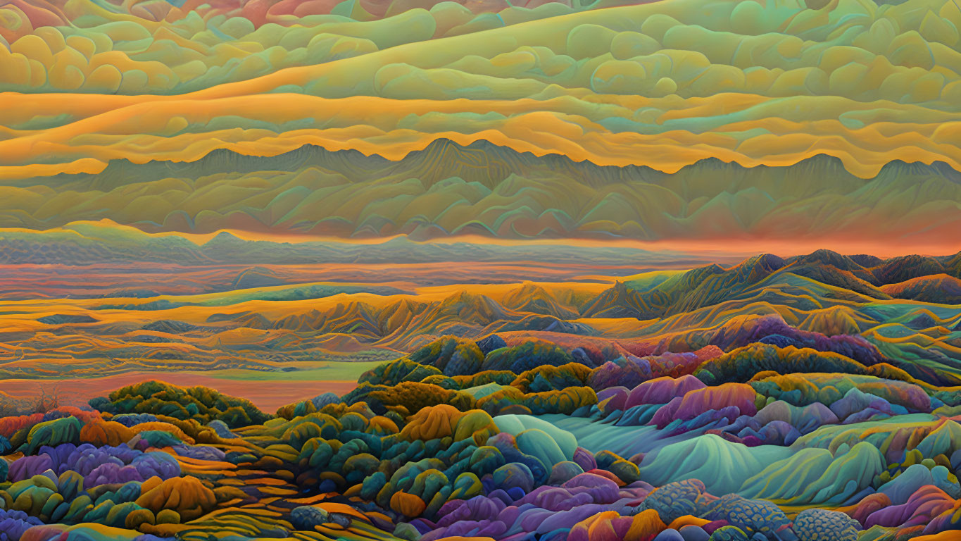 Vibrant surreal landscape with undulating hills and textured sky