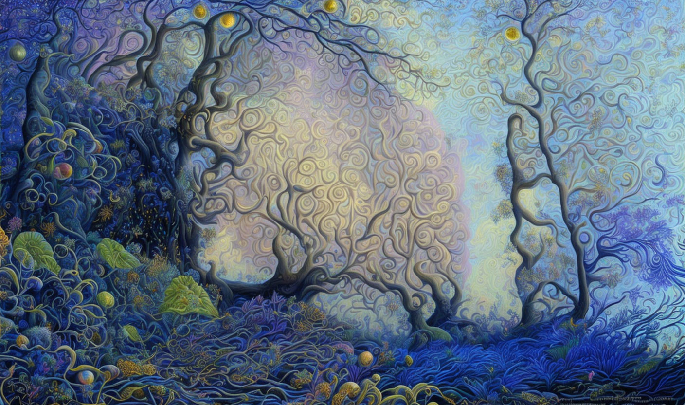 Colorful forest scene with swirling tree trunks and branches under a luminous sky.