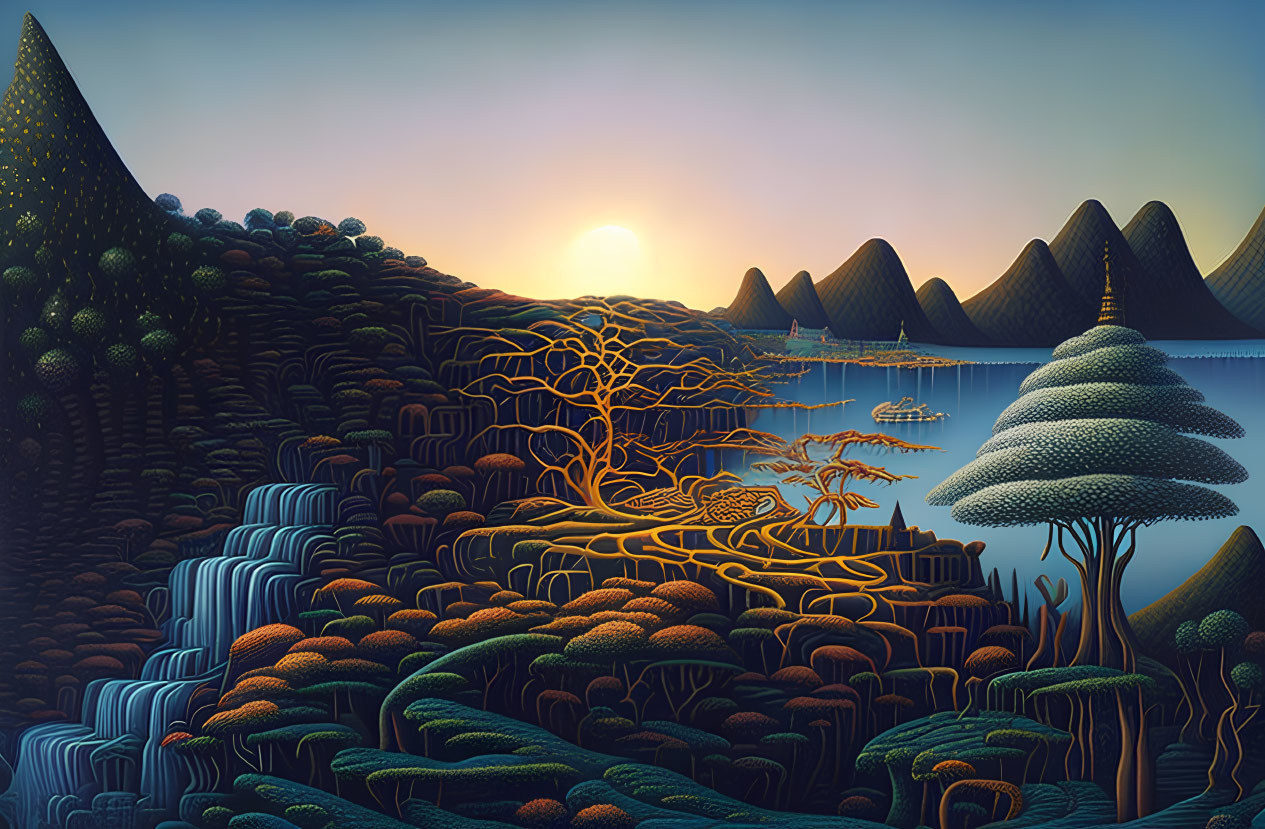 Surreal landscape with stylized trees, layered terrains, and sunrise over tranquil lake