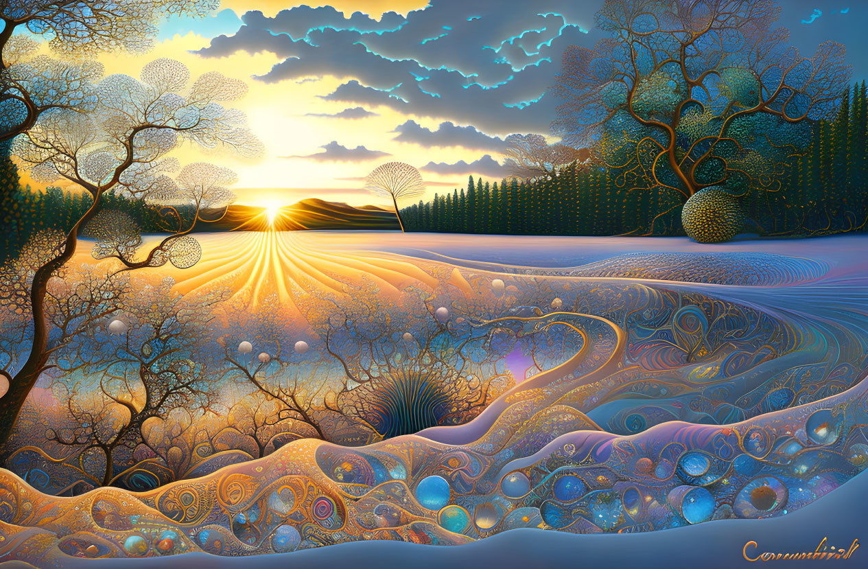 Colorful Stylized Landscape with Sunset and Rolling Hills
