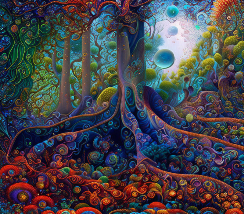 Colorful Psychedelic Forest with Intricate Patterns and Floating Bubbles