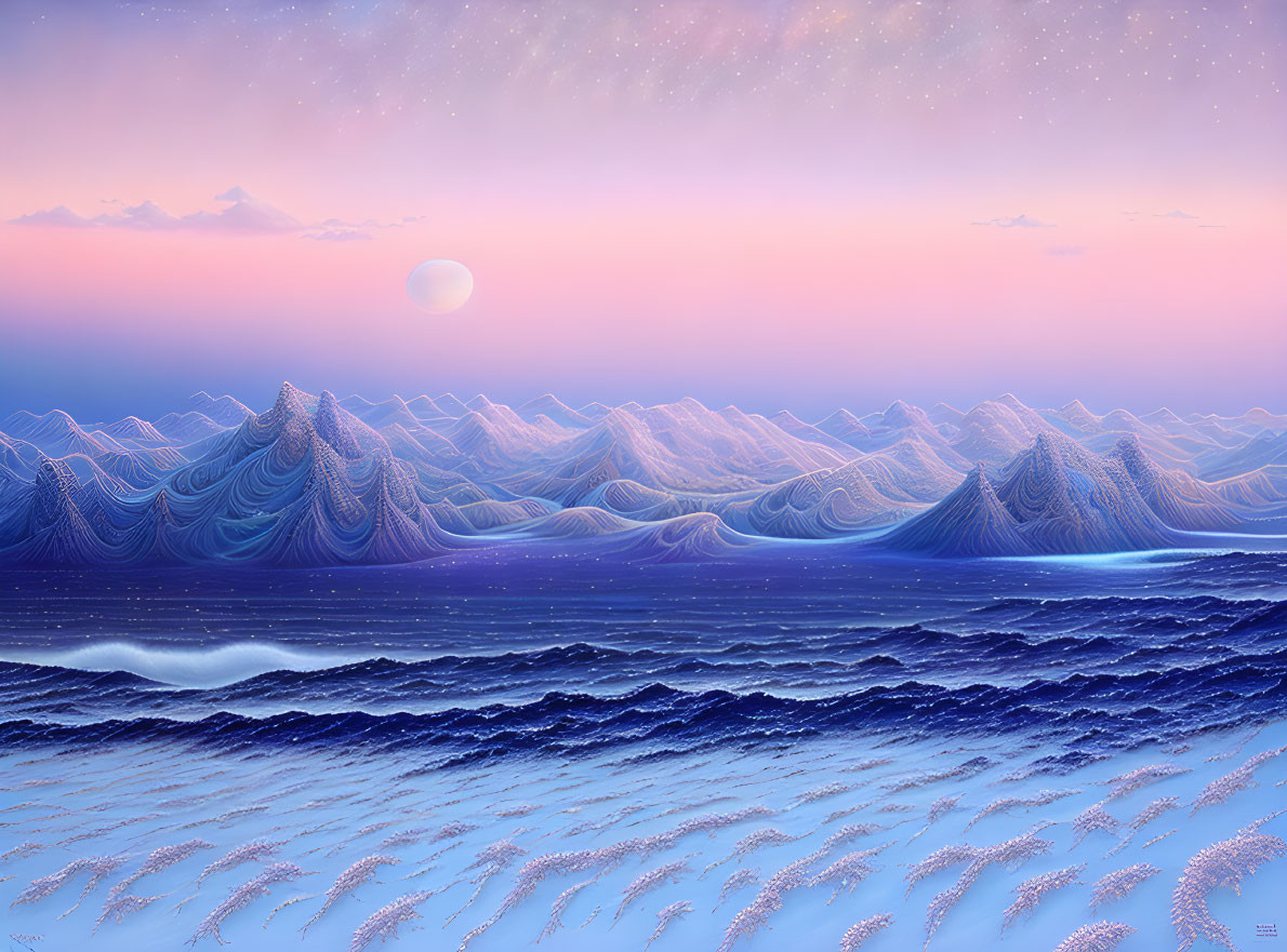 Surreal landscape with wave-like mountains and moonlit sea