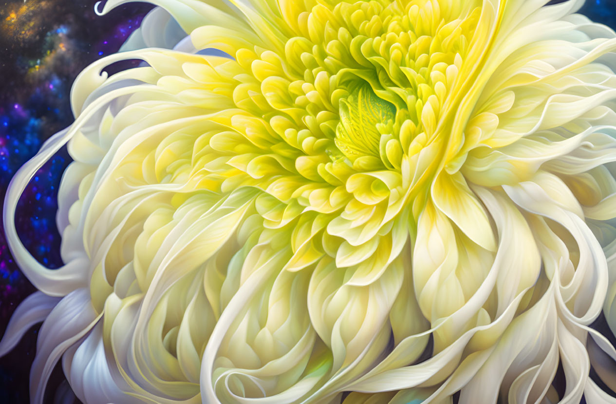 Detailed illustration: Vibrant yellow and white chrysanthemum in cosmic setting