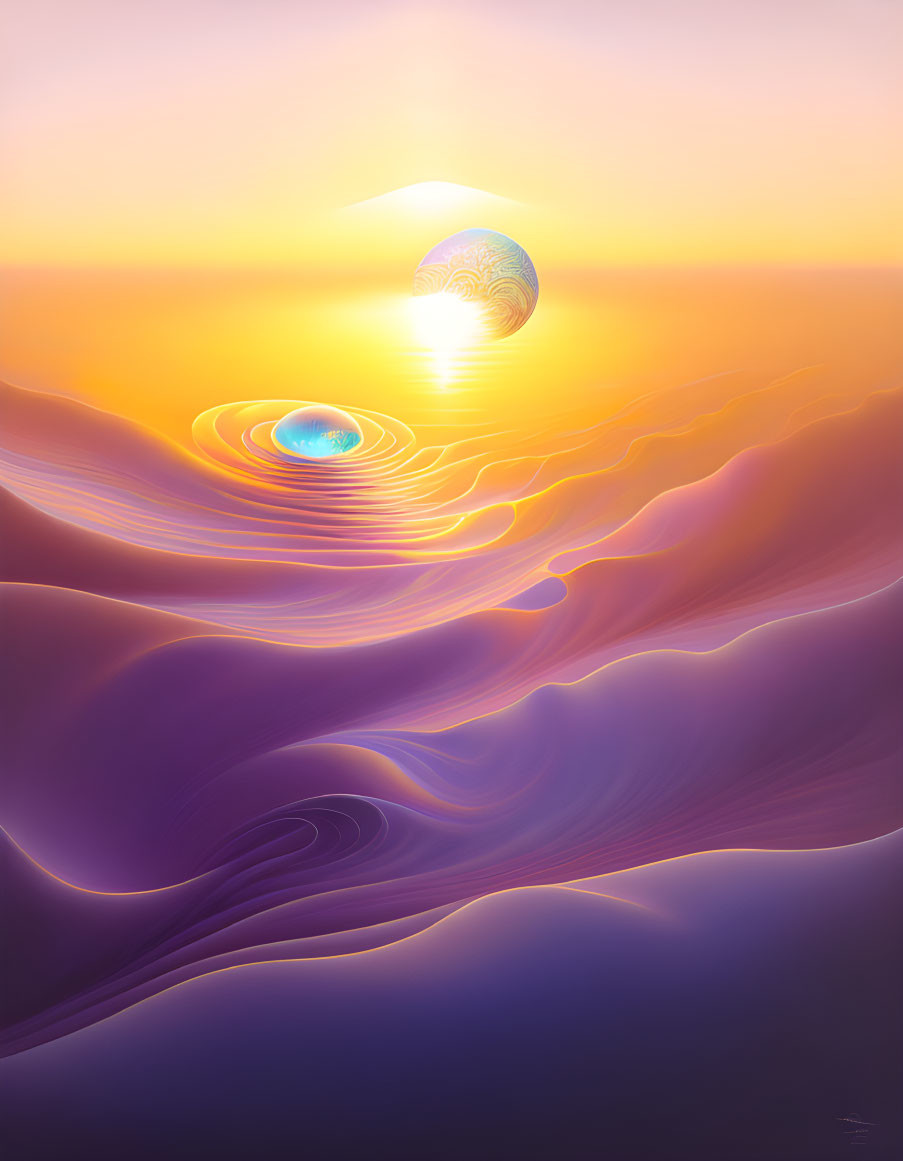 Vibrant sunset digital artwork with wavy landscape and floating orbs