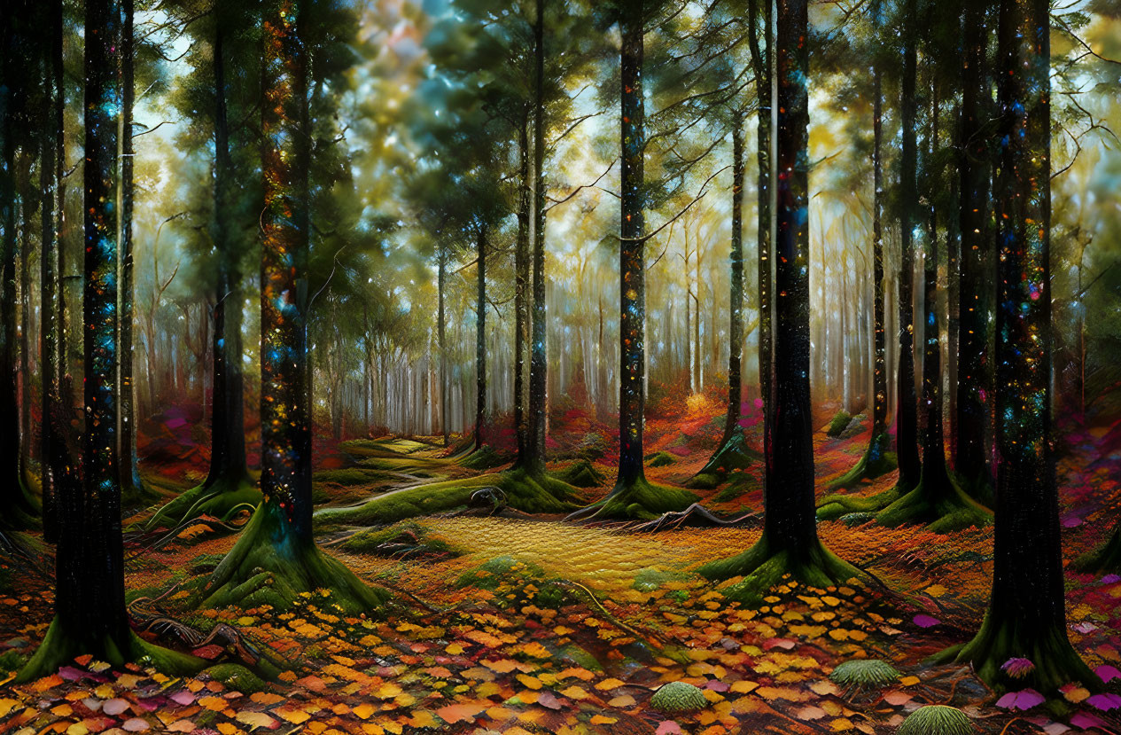 Mystical forest with towering trees, colorful leaves, glowing orbs, and a winding path