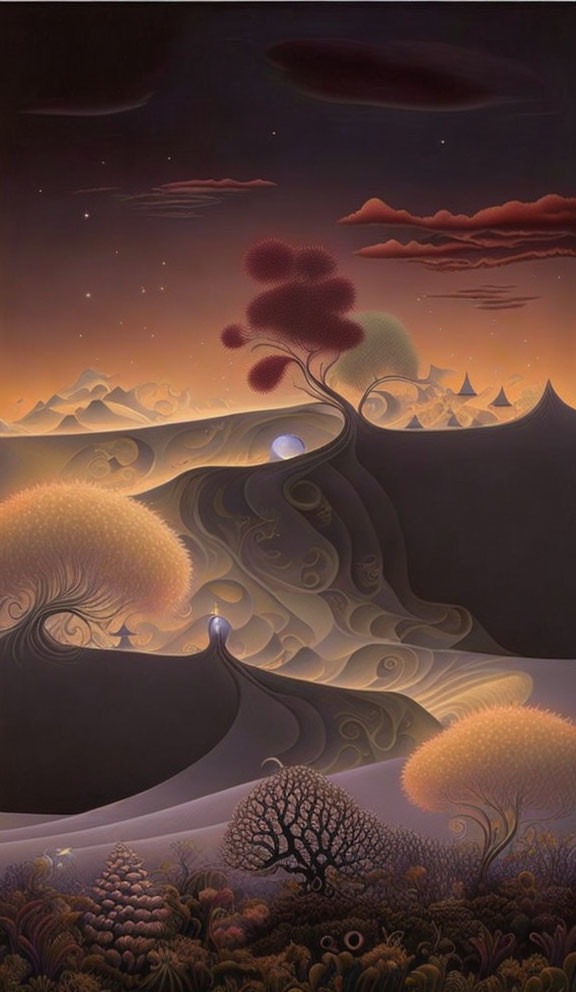 Surreal dusk landscape with stylized tree-like forms under starry sky