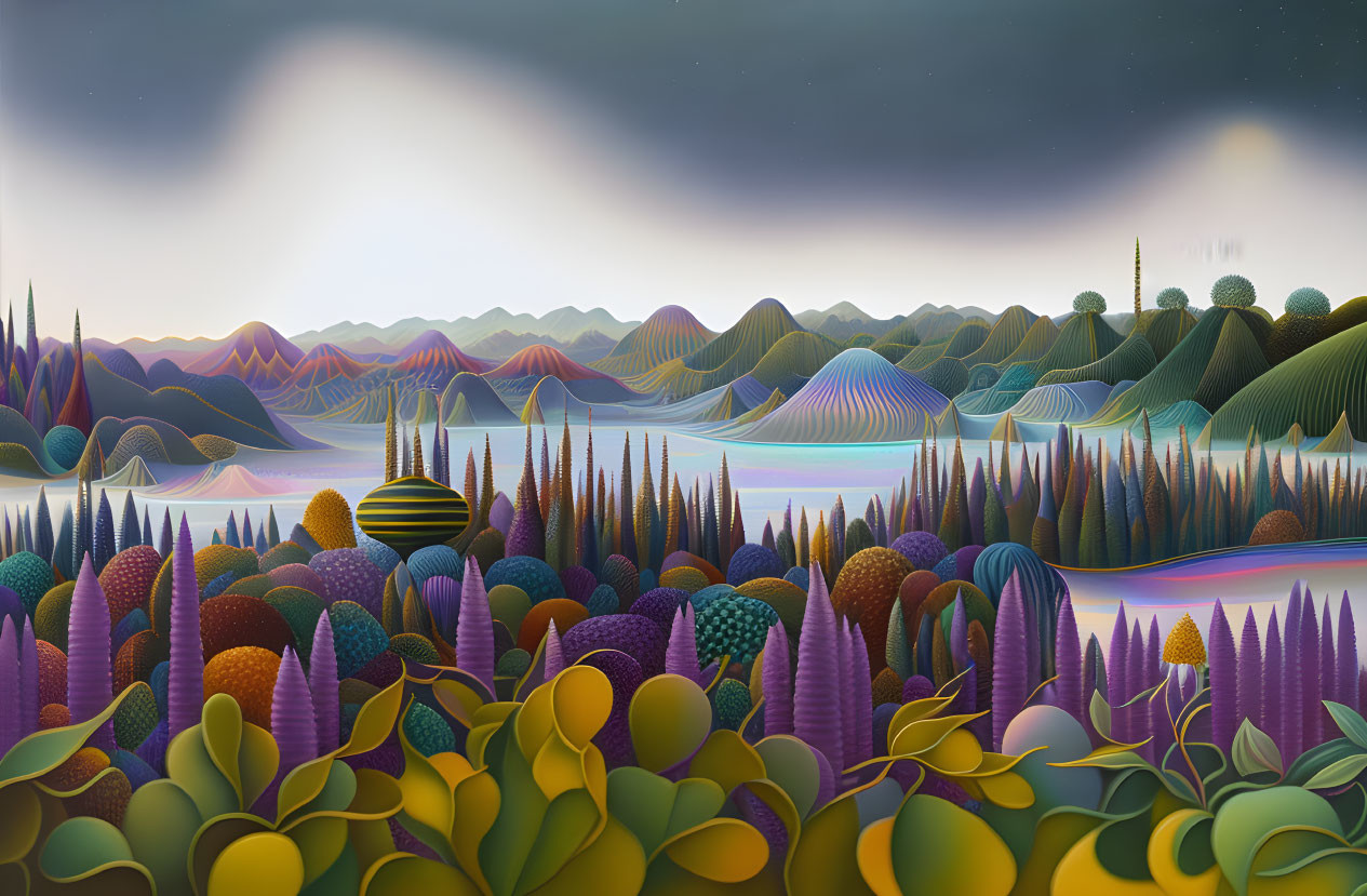 Colorful landscape with patterned hills, lake, and floating object at twilight