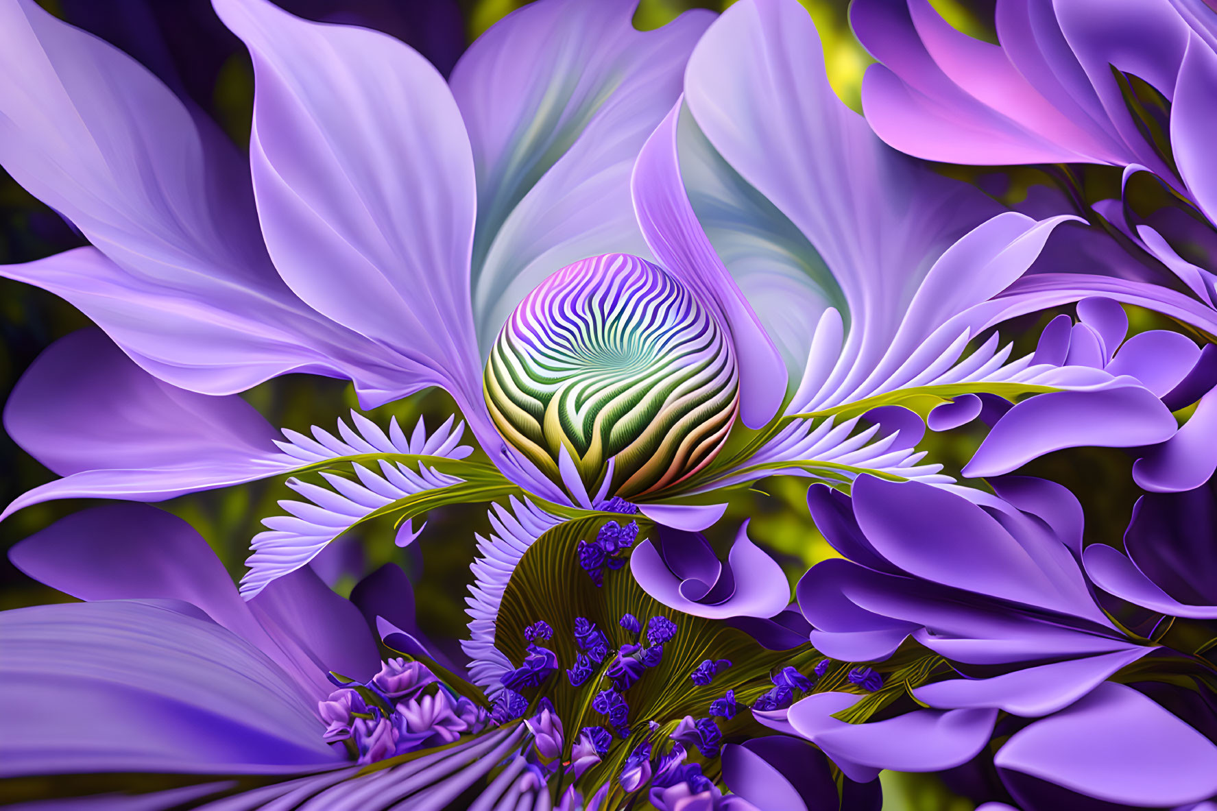 Colorful digital artwork: surreal central sphere surrounded by stylized purple petals and intricate floral patterns