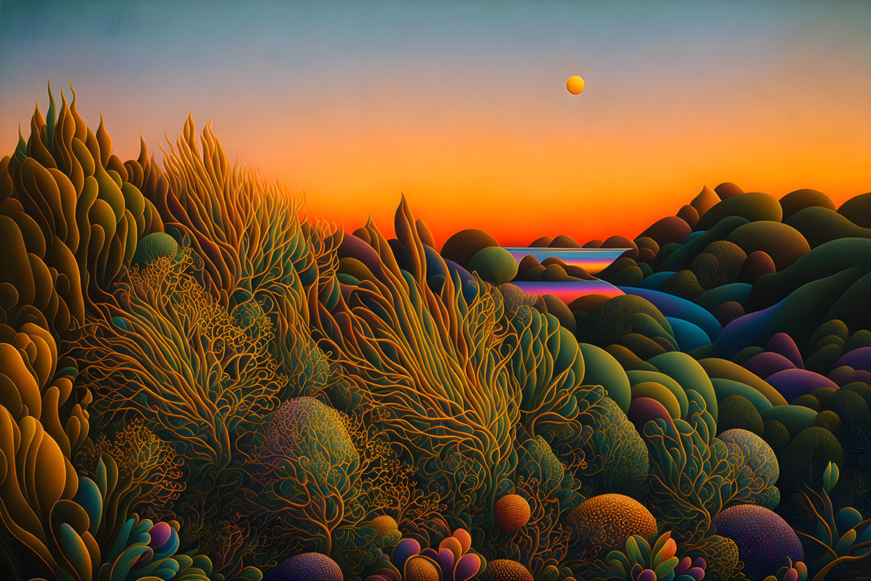 Vibrant surreal landscape with stylized flora under orange and teal sky