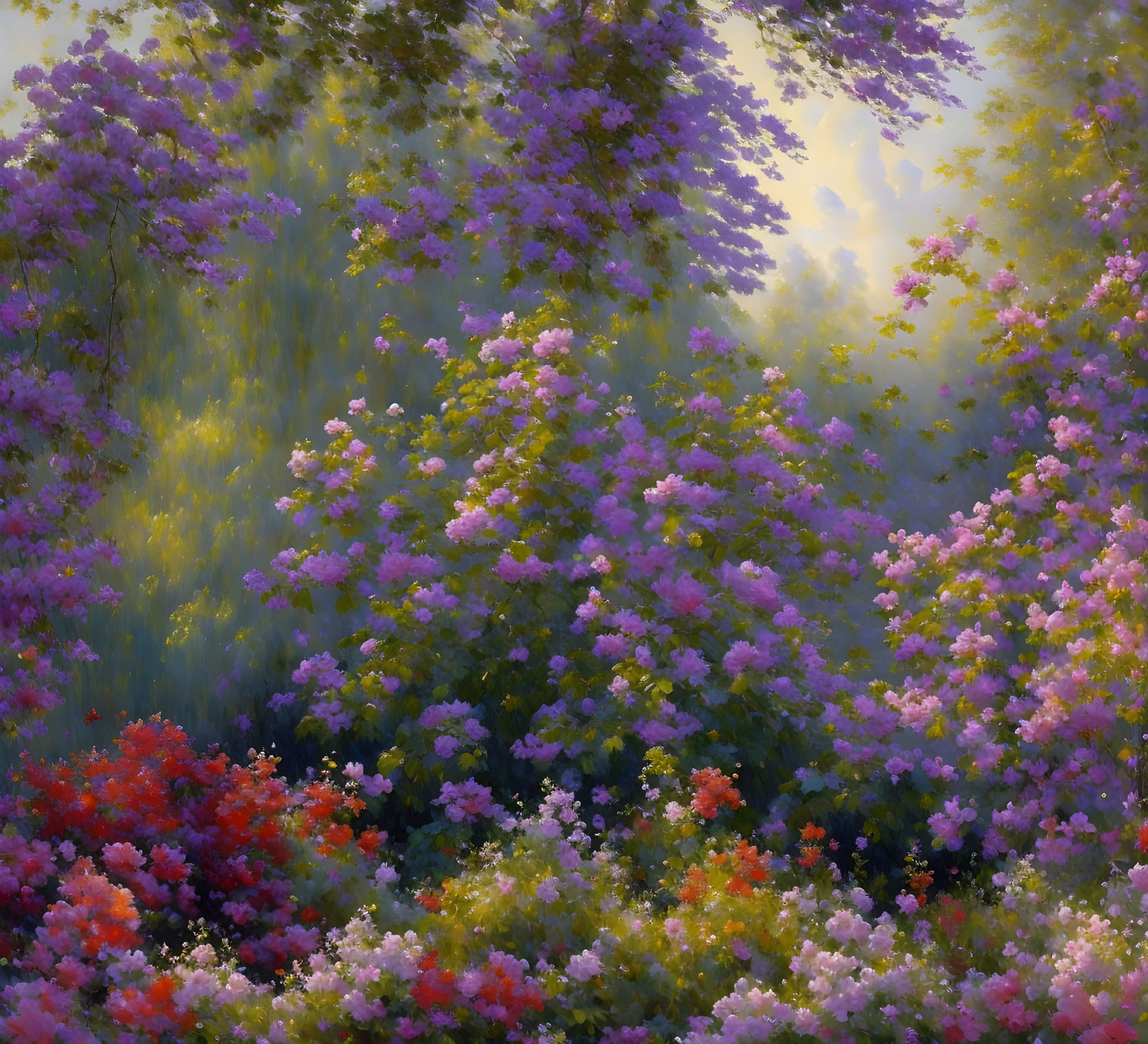 Lush Purple and Pink Flower Garden in Soft Sunlight