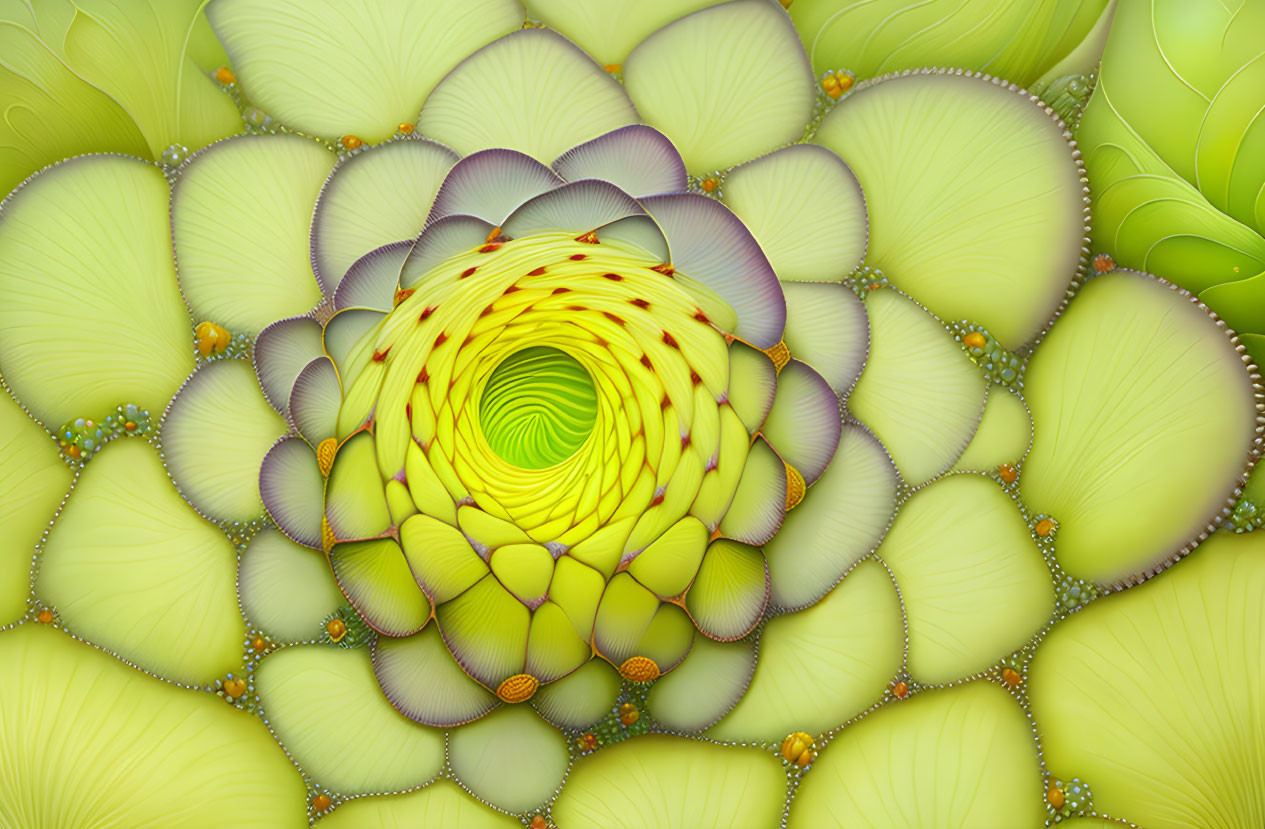 Green and Yellow Fractal Flower Pattern with Spiraling Layers