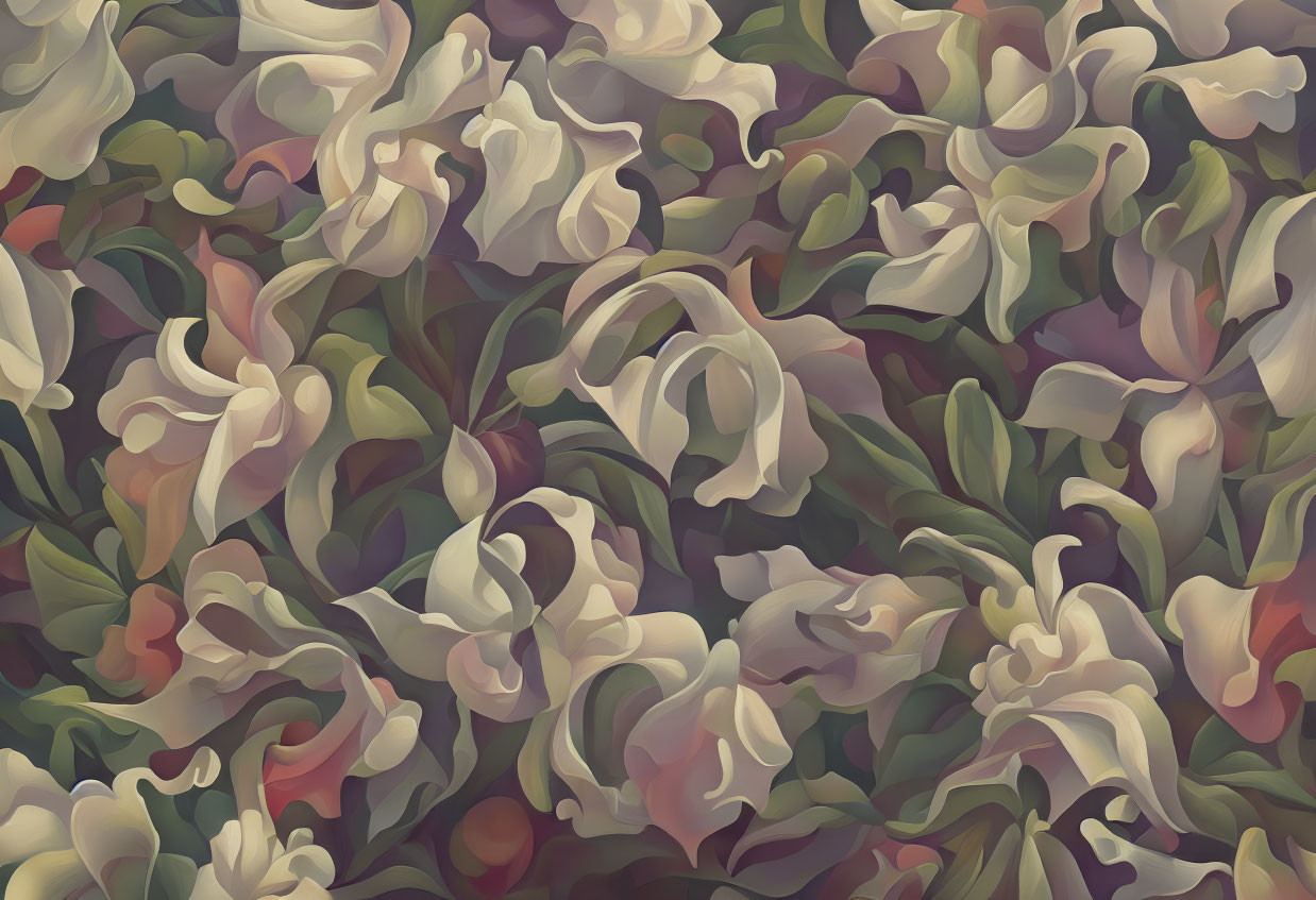 Abstract Floral Digital Painting with Stylized Lily Flowers in Soft Purple, Green, and White Palette