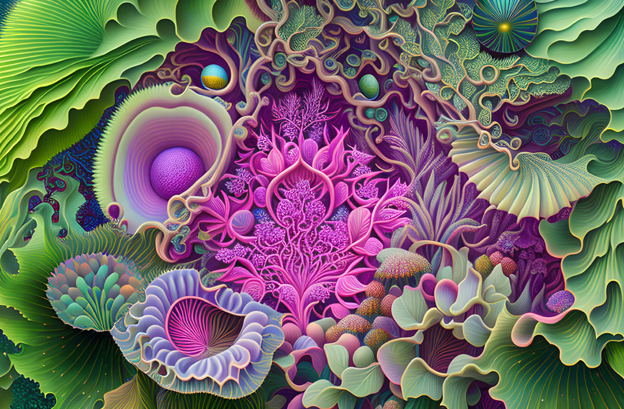 Colorful Abstract Organic Shapes and Patterns in Greens, Purples, and Blues