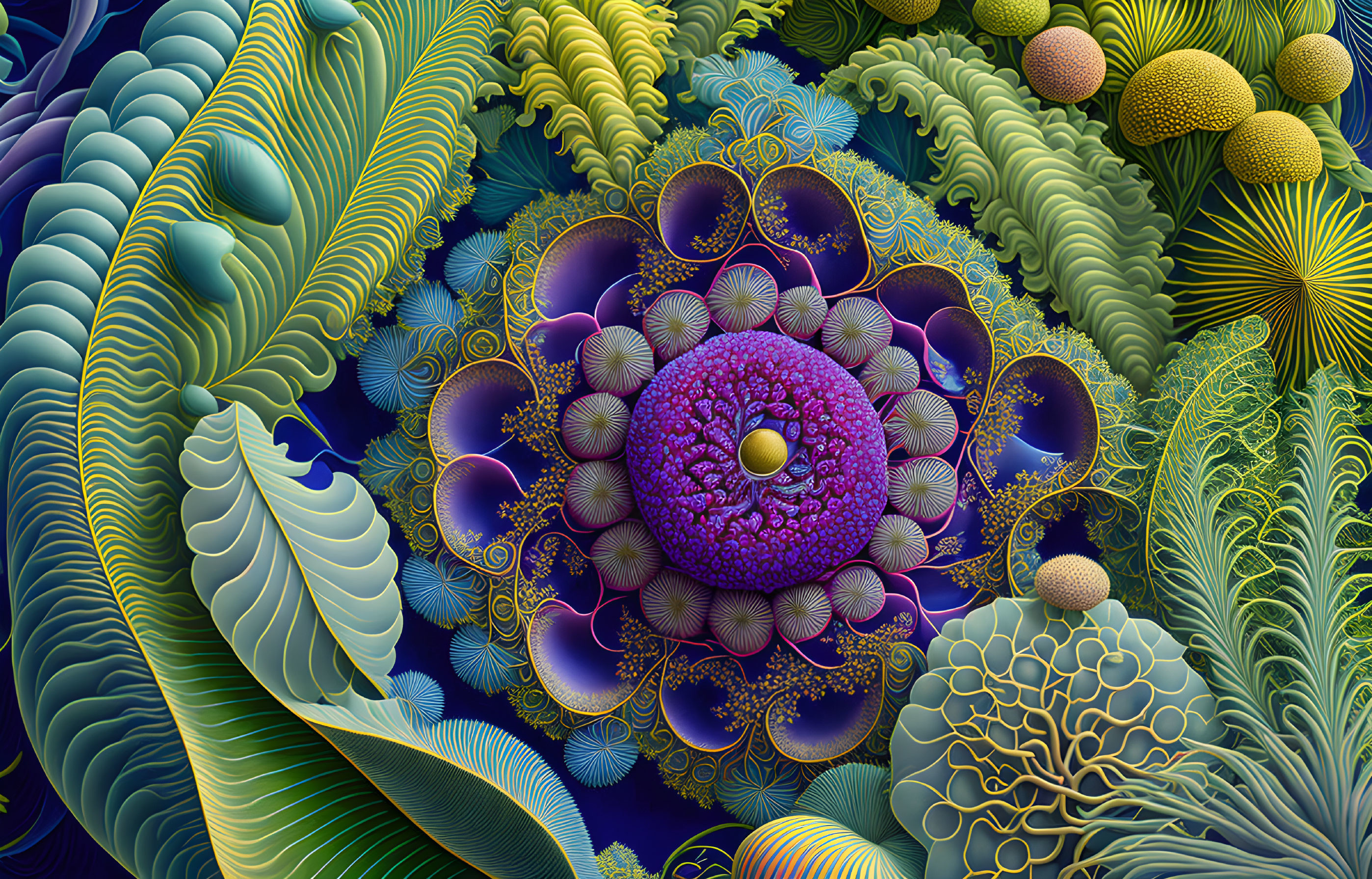 Colorful digital artwork: intricate fractal patterns in blue, green, and purple