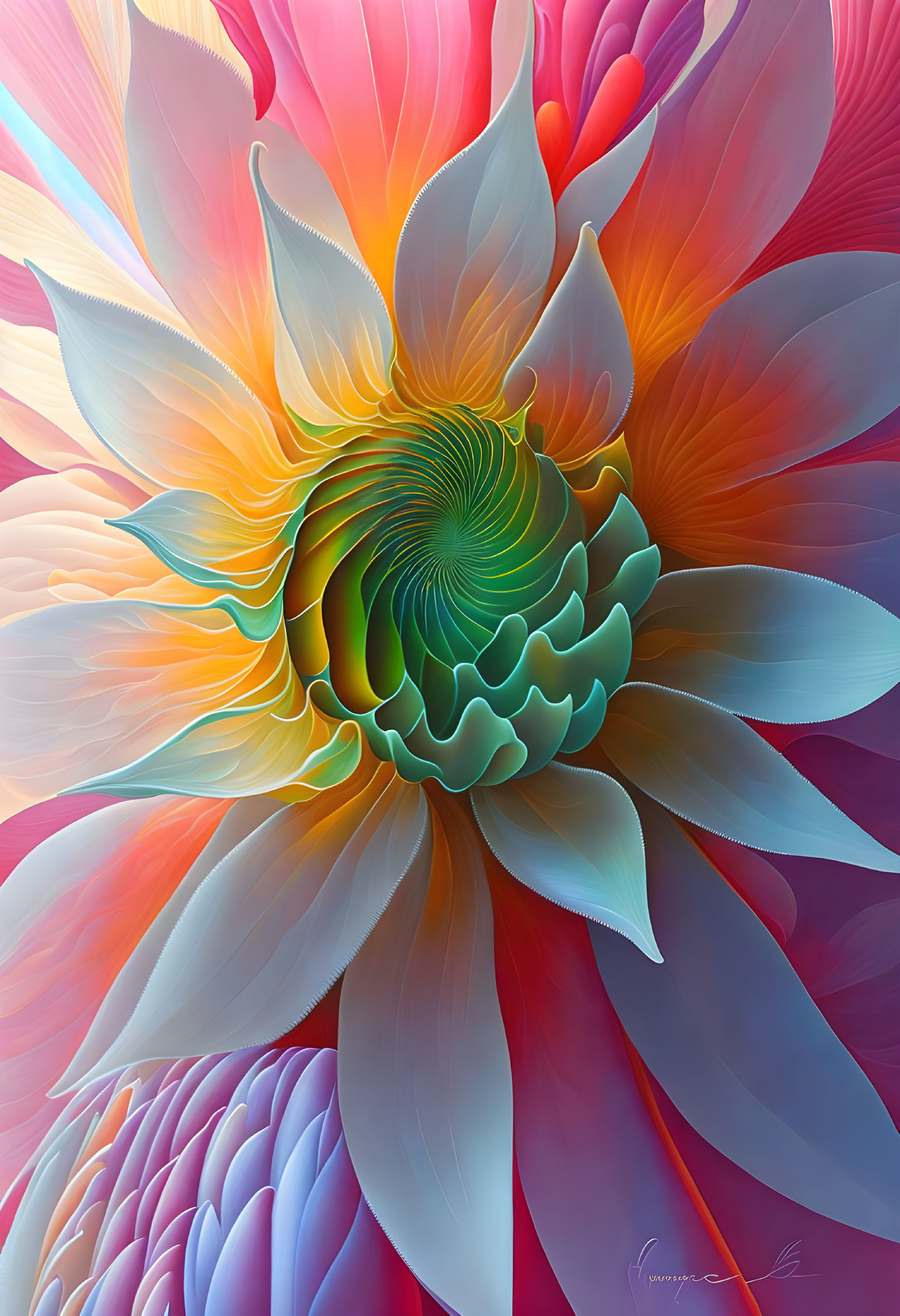 Colorful Abstract Digital Art: Stylized Flower with Spiraling Center