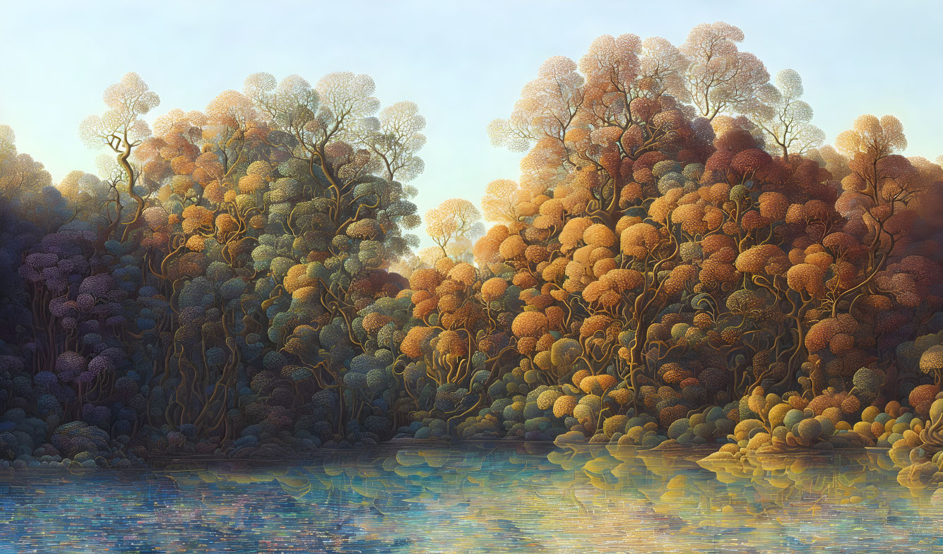 Tranquil autumn forest scene with stylized trees by a calm lake