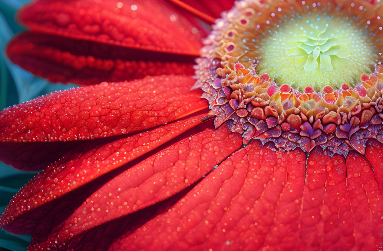 Vibrant red gerbera flower with dewdrops showcasing delicate texture