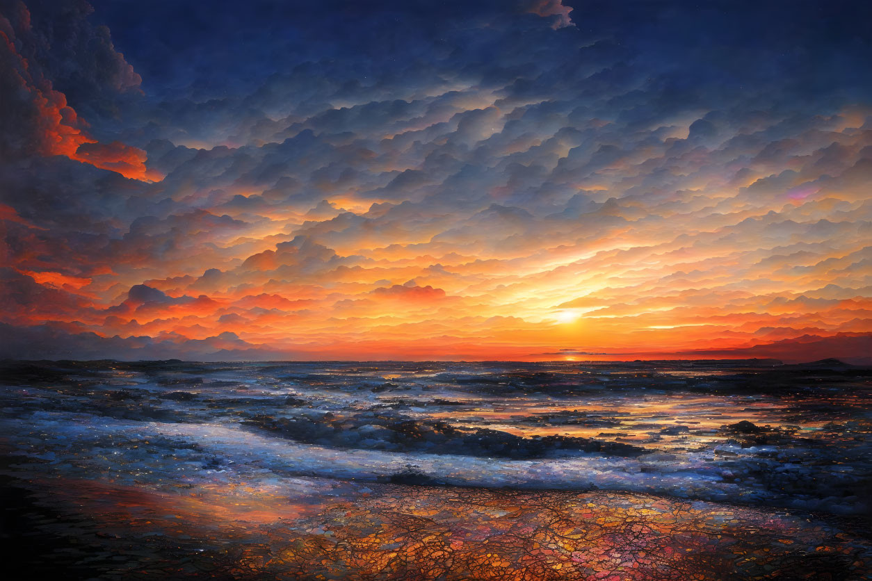 Vivid Sunset with Orange and Blue Sky Reflecting on Tranquil Sea