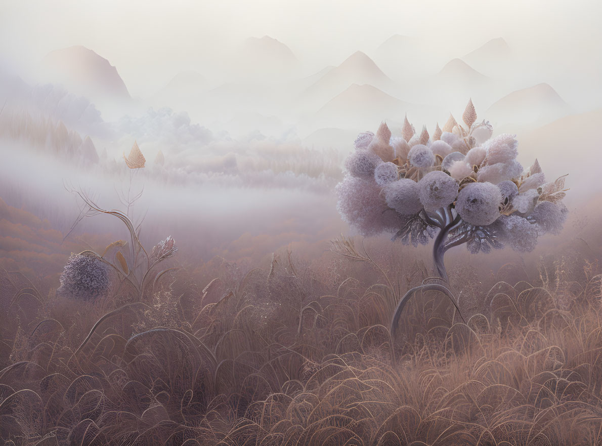 Misty landscape with rolling hills and unique floral tree