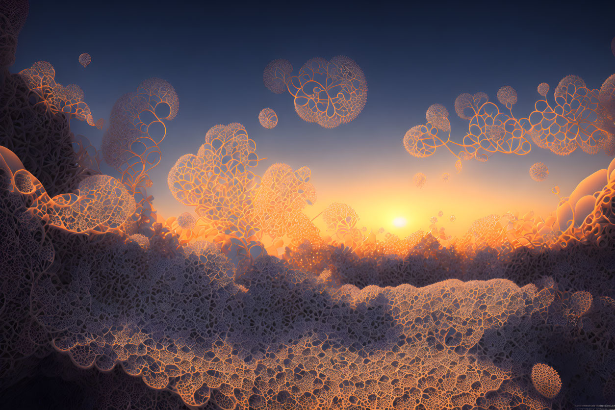 Surreal landscape with intricate lace patterns and warm sunset