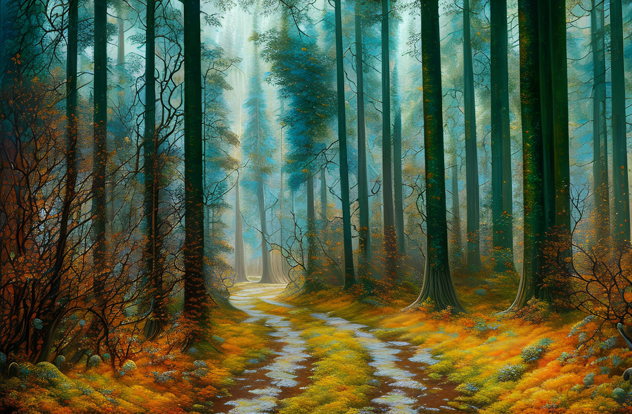 Misty Autumn Forest with Path, Tall Trees, Colorful Foliage, and Light Beams